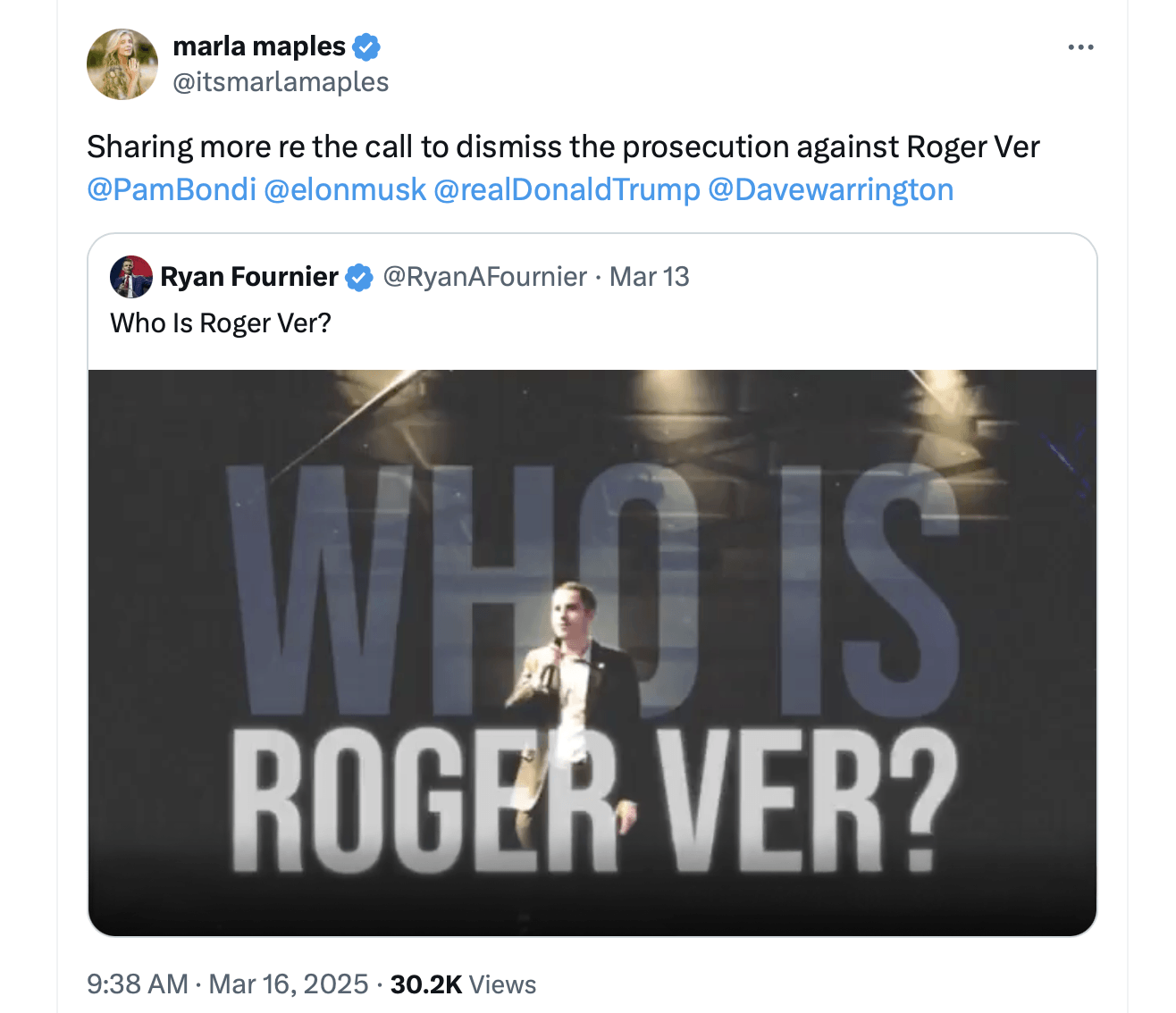 Nekdanja Trumpova žena poziva predsednika, naj ‘odstopi od pregona’ proti Rogerju Verju Nekdanja Trumpova žena poziva predsednika, naj ‘odstopi od pregona’ proti Rogerju Verju