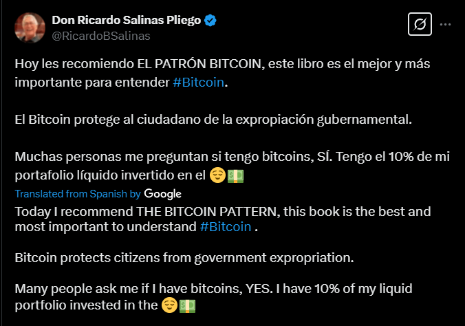 墨西哥亿万富翁里卡多·萨利纳斯表示，比特币现在占其个人投资组合的70%