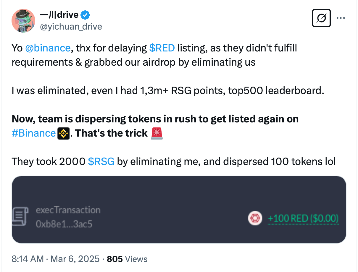 קיצוץ האירדרופ של Redstone מעורר סערה כאשר Binance משעה את רישום RED