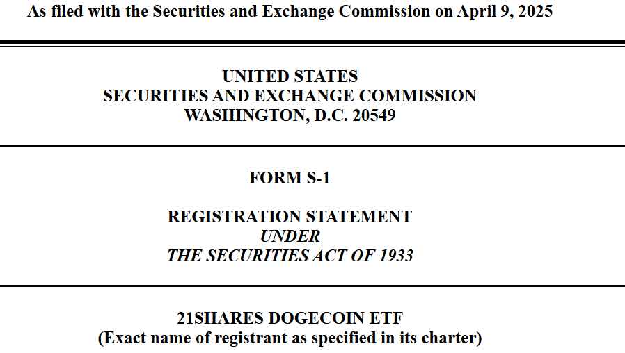 21shares 申请 Dogecoin ETF 21shares 申请 Dogecoin ETF