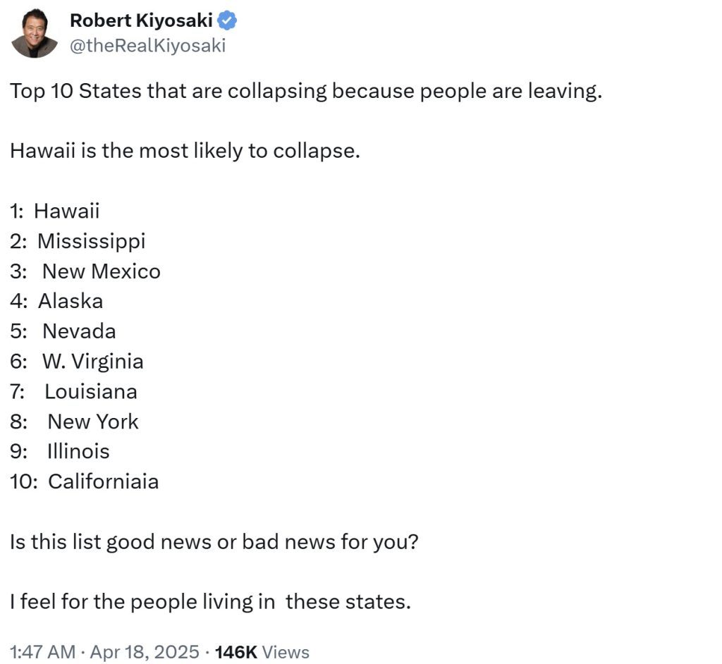 Robert Kiyosaki Warns 10 US States Are Collapsing—'People Are Leaving