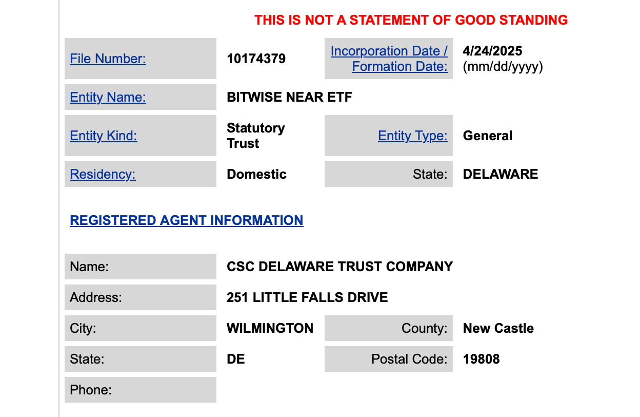 Bitwise Files Delaware Trust Registration for Proposed NEAR Protocol ETF Bitwise Files Delaware Trust Registration for Proposed NEAR Protocol ETF