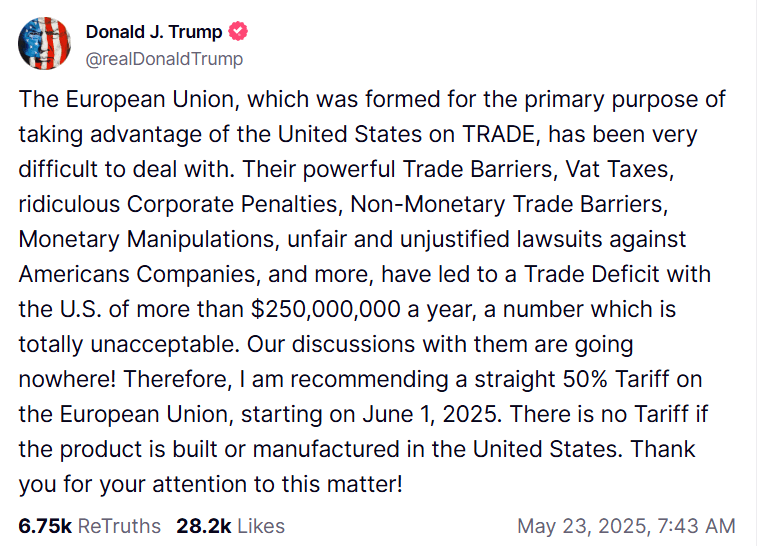 Bitcoin Spada Poniżej $109 tys. Po Zgrozeniach Trumpa 50% Cłam na Towary z UE Bitcoin Spada Poniżej $109 tys. Po Zgrozeniach Trumpa 50% Cłam na Towary z UE