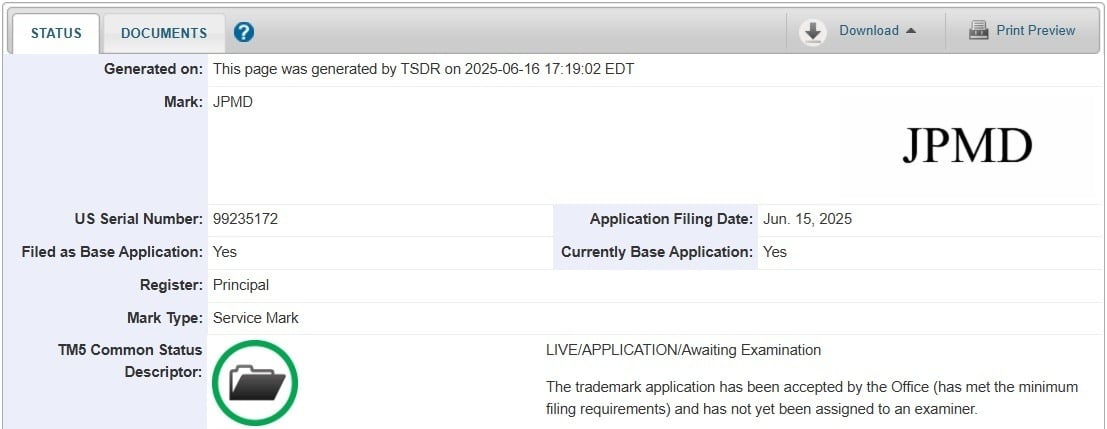JPMorgan’s service mark filing for JPMD. Source: USPTO