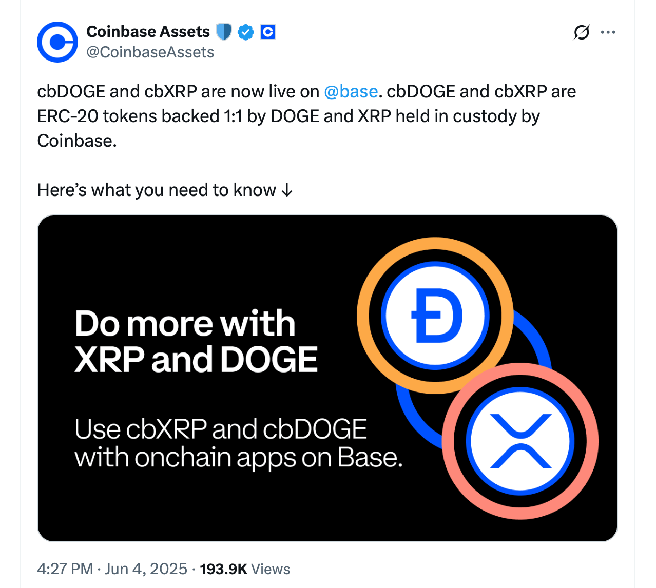 Coinbase Lanza XRP y Dogecoin Envueltos en Base para Acceso DeFi Coinbase Lanza XRP y Dogecoin Envueltos en Base para Acceso DeFi