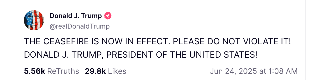 Rozejmowanie między Izraelem a Iranem zainicjowane przez USA rozpada się mimo nocnego ogłoszenia Trumpa