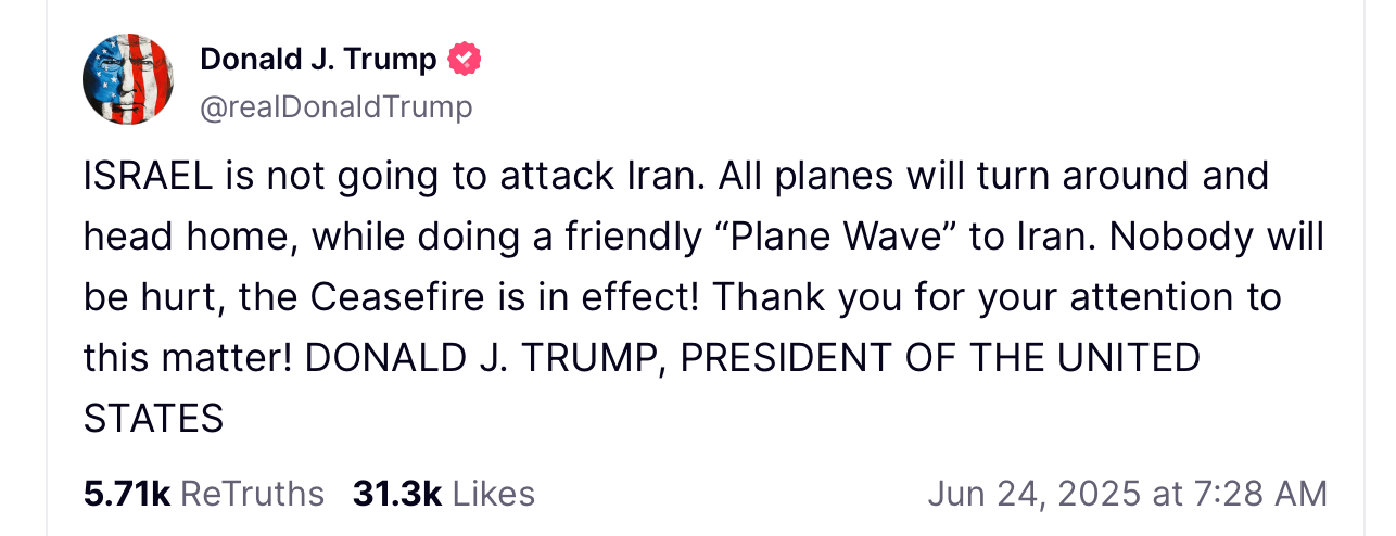 Rozejmowanie między Izraelem a Iranem zainicjowane przez USA rozpada się mimo nocnego ogłoszenia Trumpa