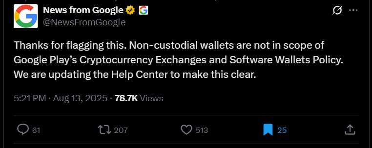 Google Play Store проясняет ситуацию: некостодиальные кошельки не будут запрещены Google Play Store проясняет ситуацию: некостодиальные кошельки не будут запрещены