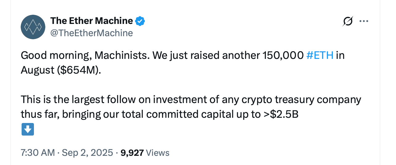 Ether Machine Taps $654M Private Raise Before Nasdaq Launch
