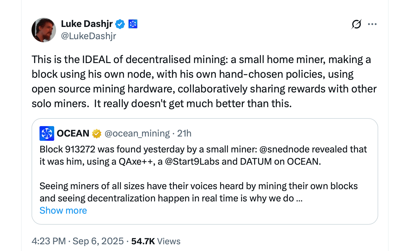 Ocean Mining Zdumiona, gdy Mikro Górnik Bitcoin o 5 TH/s Znajduje Blok w Loterii Wydobywczej Solo Ocean Mining Zdumiona, gdy Mikro Górnik Bitcoin o 5 TH/s Znajduje Blok w Loterii Wydobywczej Solo