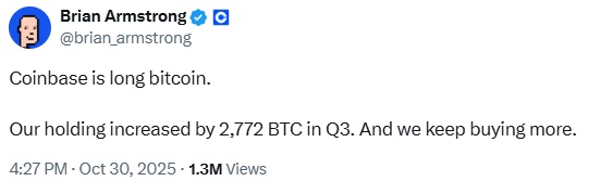 Coinbase Loads up on Bitcoin With 2,772 BTC Added in Q3—Promises to Keep Buying More Coinbase Loads up on Bitcoin With 2,772 BTC Added in Q3—Promises to Keep Buying More