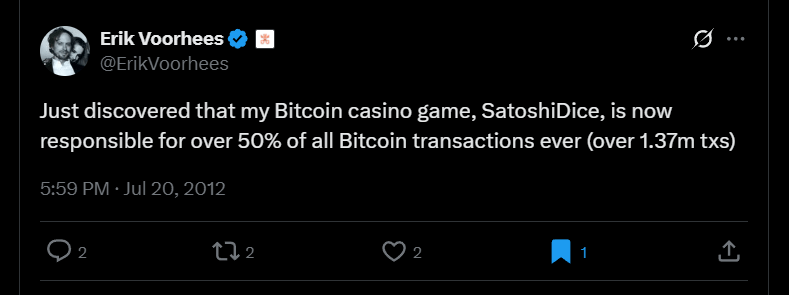 Erik Voorhees touts the success of Satoshi Dice in a 2012 tweet.