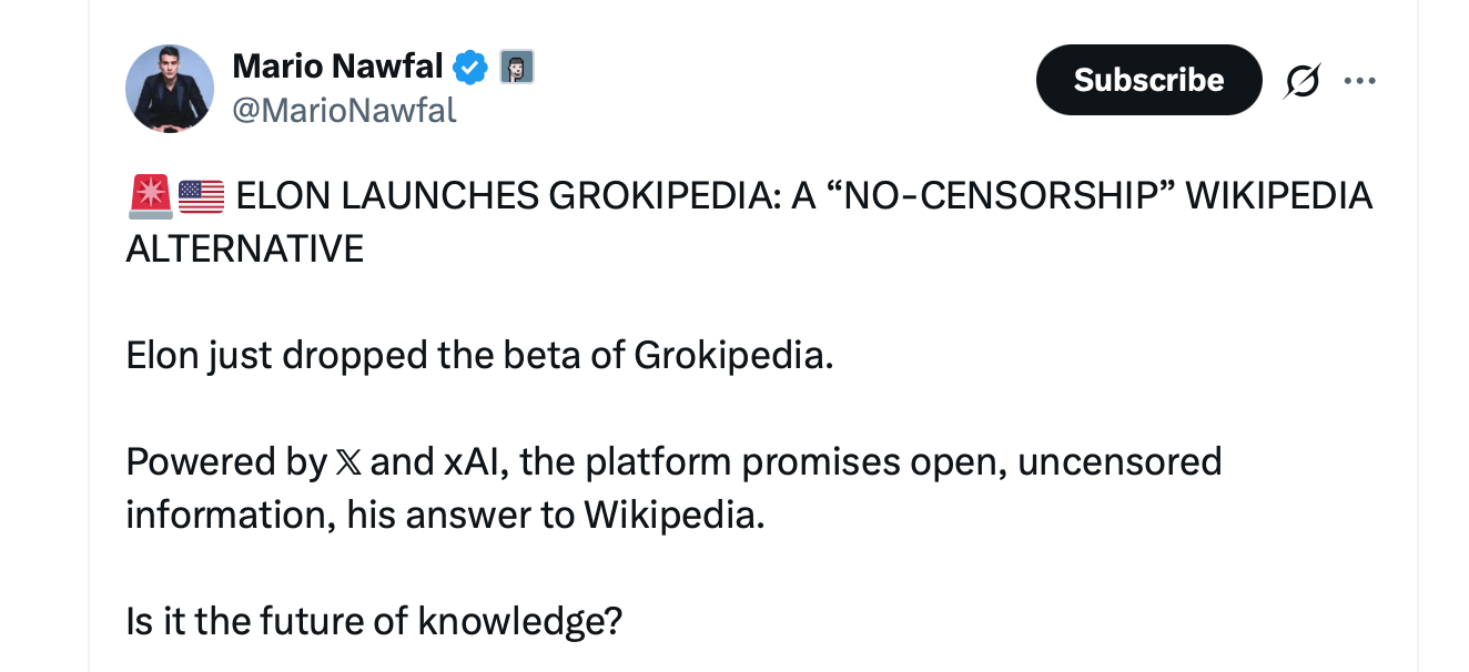 Илон Маск и его xAI запускают Грокипедию — энциклопедию в реальном времени, которая стремится к истине и соперничает с Википедией Илон Маск и его xAI запускают Грокипедию — энциклопедию в реальном времени, которая стремится к истине и соперничает с Википедией