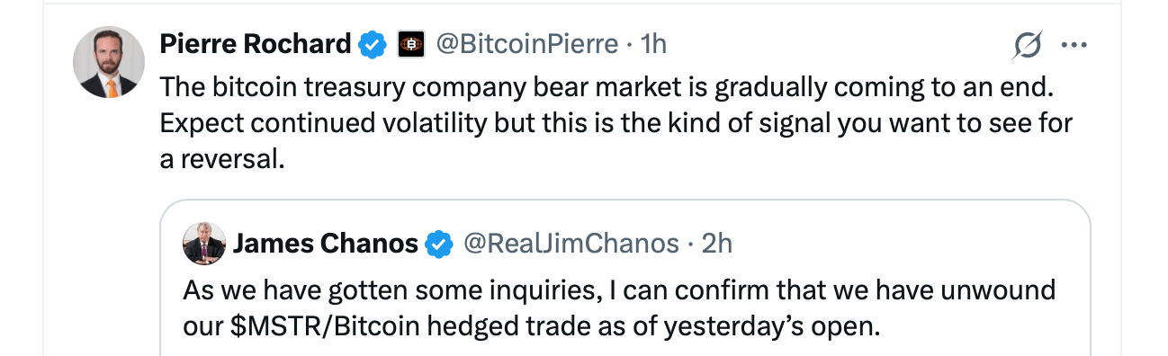 著名なショートセラー、ビットコインプレミアムが狭まったことでStrategyに対するショートを終了 著名なショートセラー、ビットコインプレミアムが狭まったことでStrategyに対するショートを終了