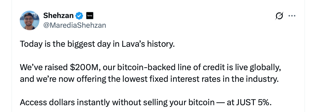 Lava推出比特币抵押信贷额度，获得2亿美元融资
