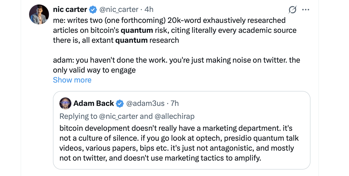 Nic Carter Diz que Desenvolvedores do Bitcoin Estão 'Caminhando Sonâmbulos' em Direção a um Acerto de Contas Quântico Nic Carter Diz que Desenvolvedores do Bitcoin Estão 'Caminhando Sonâmbulos' em Direção a um Acerto de Contas Quântico