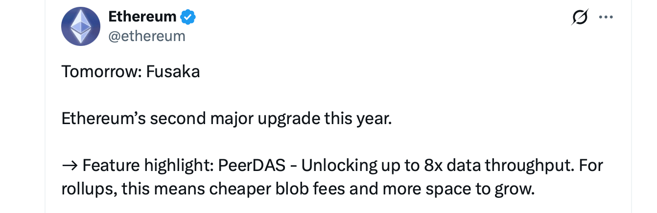 Fusaka-uppgraderingen landar imorgon — Ethereum kommer att få stark L2-dataflöde och skarpare gaskontroller Fusaka-uppgraderingen landar imorgon — Ethereum kommer att få stark L2-dataflöde och skarpare gaskontroller