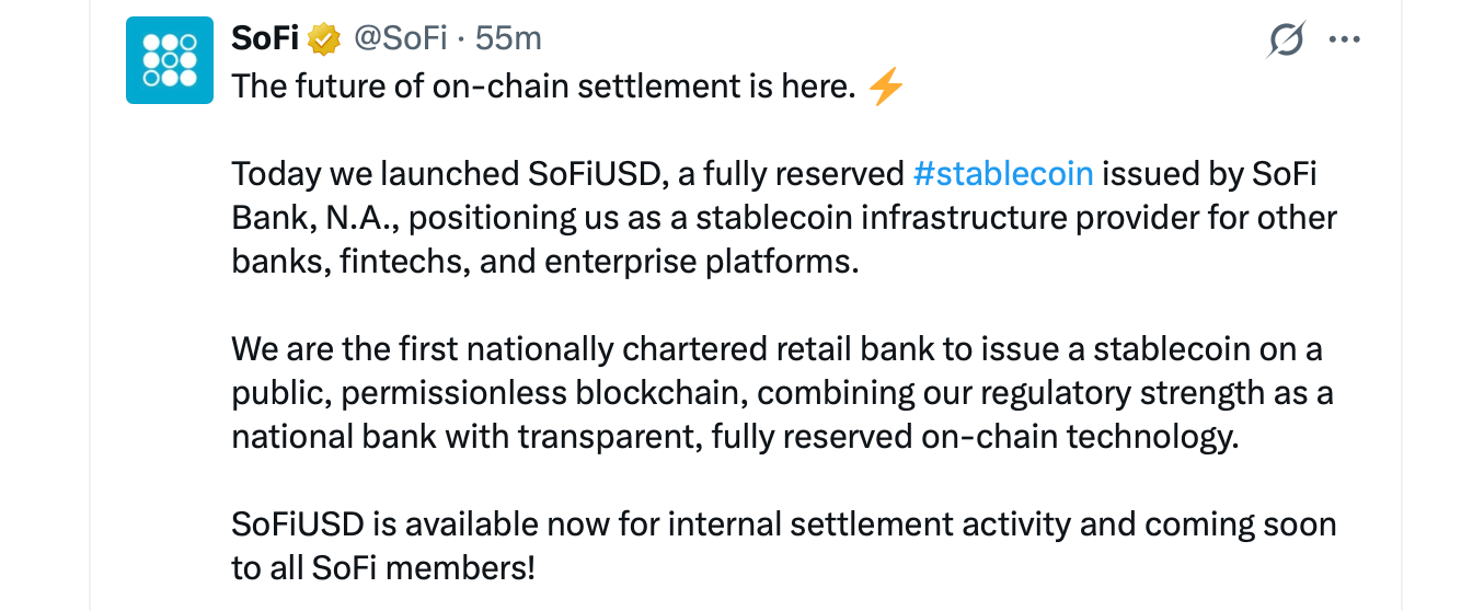 SoFi Enters Stablecoin Race With Bank-Issued US Dollar-Backed Token SoFi Enters Stablecoin Race With Bank-Issued US Dollar-Backed Token
