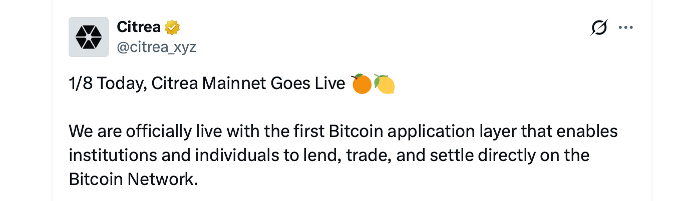 Citrea Mainnet Goes Live, Bringing Bitcoin-Native Lending and Trading Online Citrea Mainnet Goes Live, Bringing Bitcoin-Native Lending and Trading Online