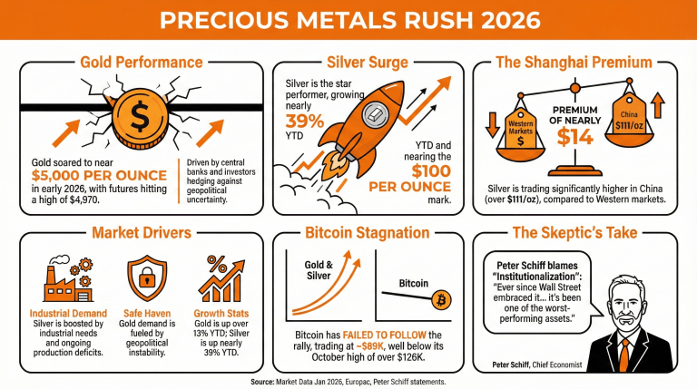 Oro e Argento Battono Nuovamente Record, Avvicinandosi ai Livelli Storici; Bitcoin Resta Indietro