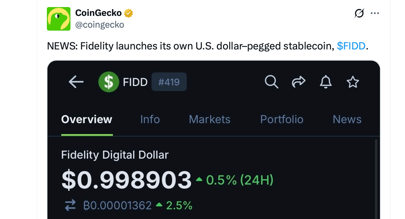 FIDD v živo – Fidelity prinaša svojo stabilno valuto Digital Dollar na kripto trge FIDD v živo – Fidelity prinaša svojo stabilno valuto Digital Dollar na kripto trge
