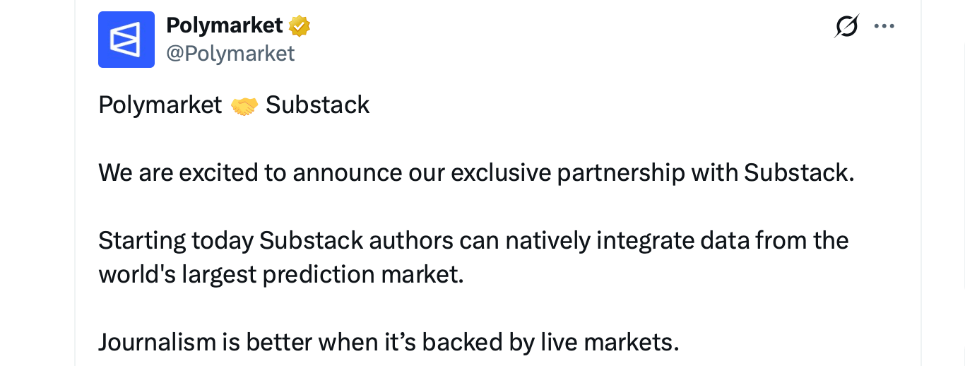 Polymarket Brings Live Probability Tables to Substack Authors Polymarket Brings Live Probability Tables to Substack Authors