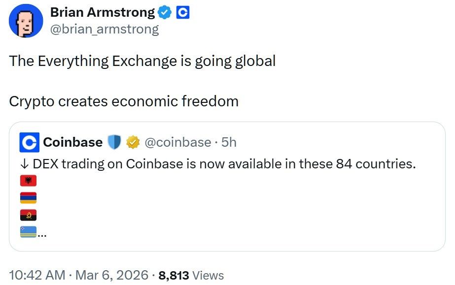 Coinbase Opens 84 Countries to ‘Everything Exchange’ Ecosystem Through Integrated Decentralized Trading