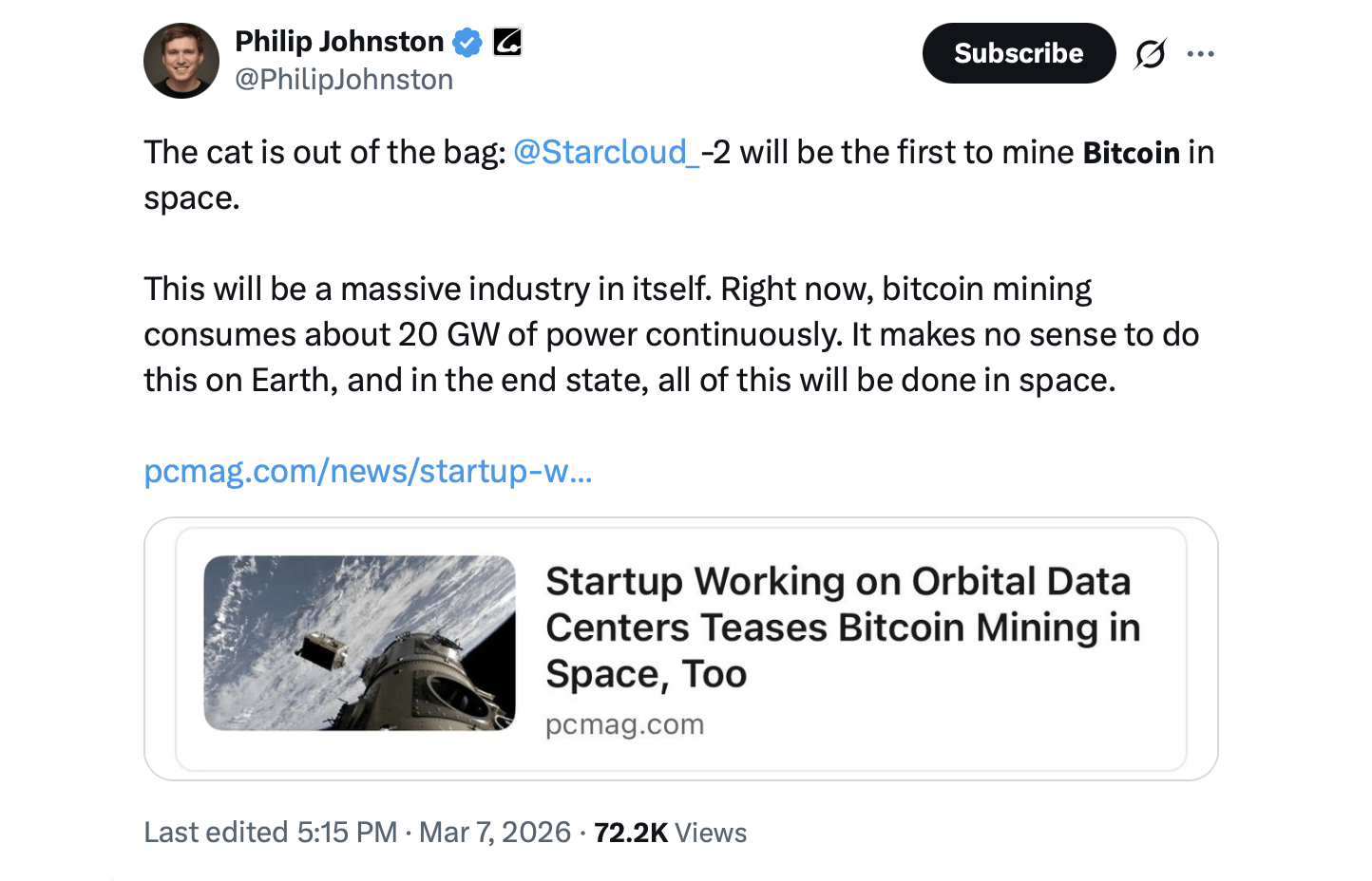 Startup Starcloud Plans First Bitcoin Mining Satellite in Low-Earth Orbit