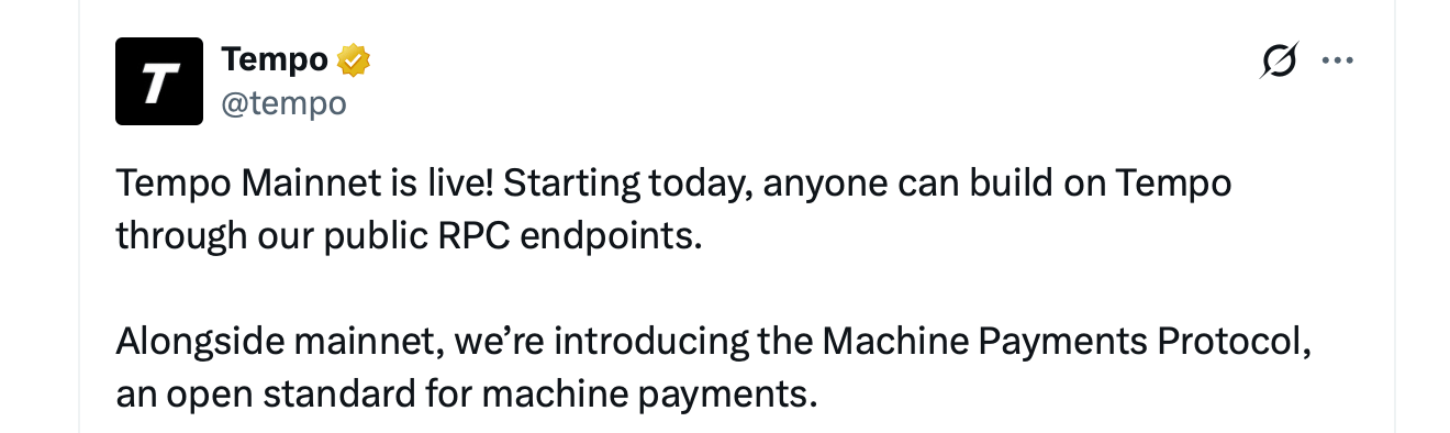 Tempo Launches Mainnet With Machine Payments Protocol, Targeting AI-Driven Commerce Tempo Launches Mainnet With Machine Payments Protocol, Targeting AI-Driven Commerce