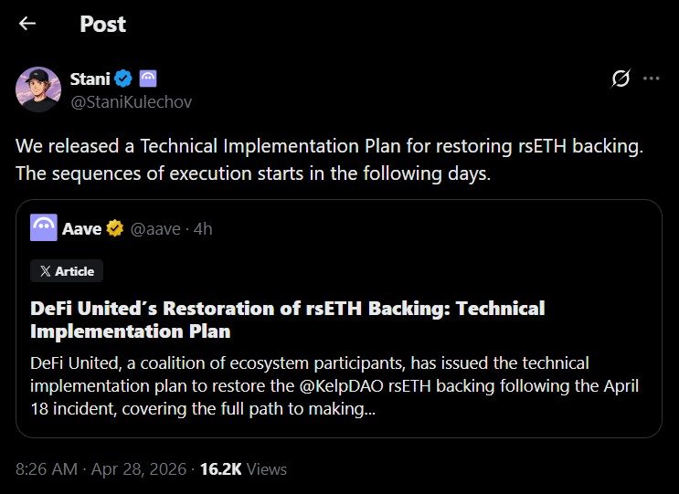 Aave Releases Technical Plan to Restore rsETH Backing while Defi United’s Coalition Expands Aave Releases Technical Plan to Restore rsETH Backing while Defi United’s Coalition Expands