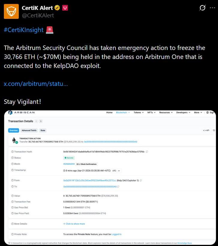 Arbitrum Security Council Freezes 30,766 ETH From KelpDAO Exploiter in Emergency Onchain Action_nwmk