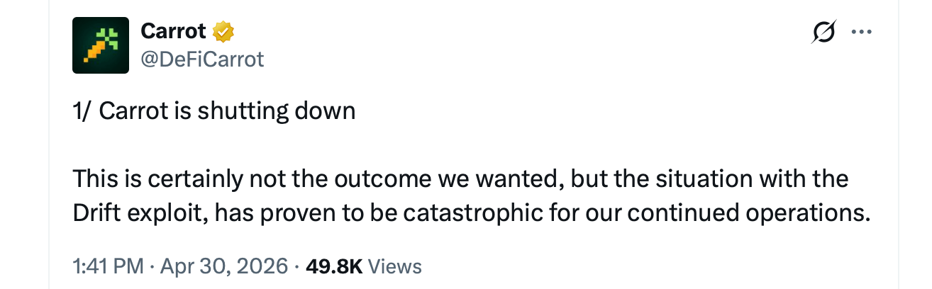 Solana Yield Protocol Carrot Shuts Down After Drift Exploit Drains $8M in TVL