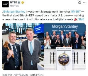 NYSE Welcomes Morgan Stanley’s MSBT Launch as First Spot Bitcoin ETF Issued by a Major US Bank NYSE Welcomes Morgan Stanley’s MSBT Launch as First Spot Bitcoin ETF Issued by a Major US Bank