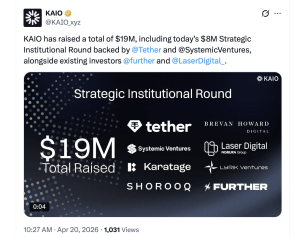 KAIO Secures $8M From Tether and Systemic Ventures to Build Onchain Asset Distribution in UAE KAIO Secures $8M From Tether and Systemic Ventures to Build Onchain Asset Distribution in UAE