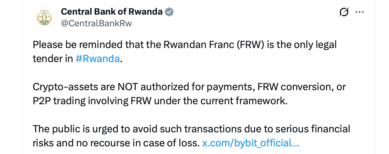 Rwanda Central Bank: Crypto P2P Trading With FRW Carries Serious Financial Risks