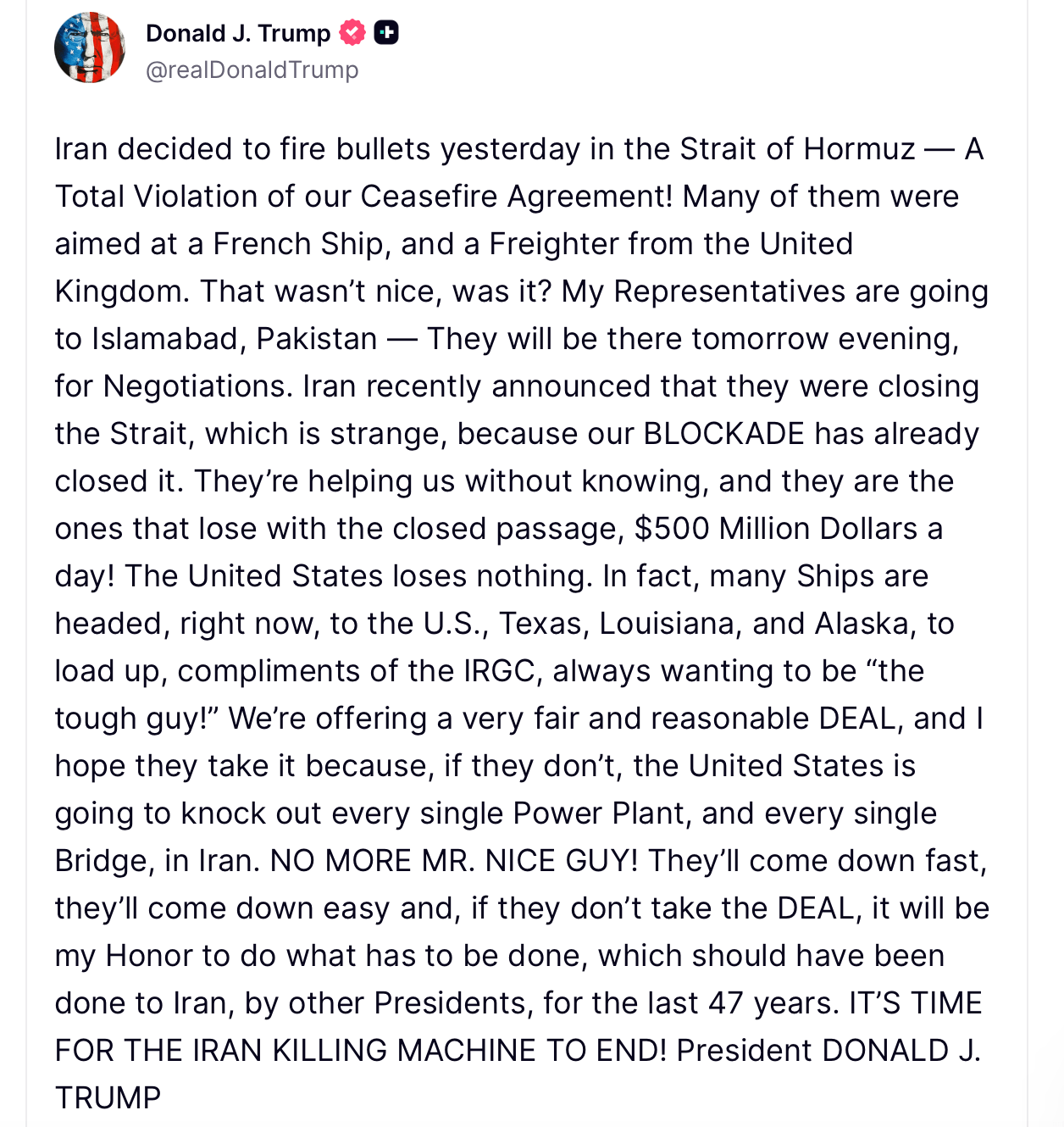 'No More Mr. Nice Guy' — Trump Warns Iran to Accept Deal or Lose Every Bridge and Power Plant