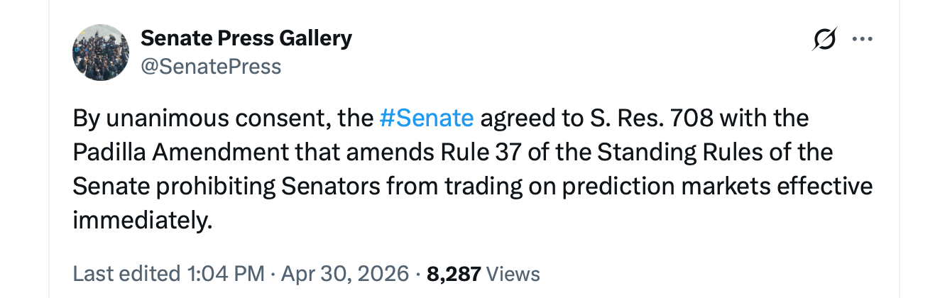 US Senate Bans Lawmakers From Betting on Prediction Markets US Senate Bans Lawmakers From Betting on Prediction Markets