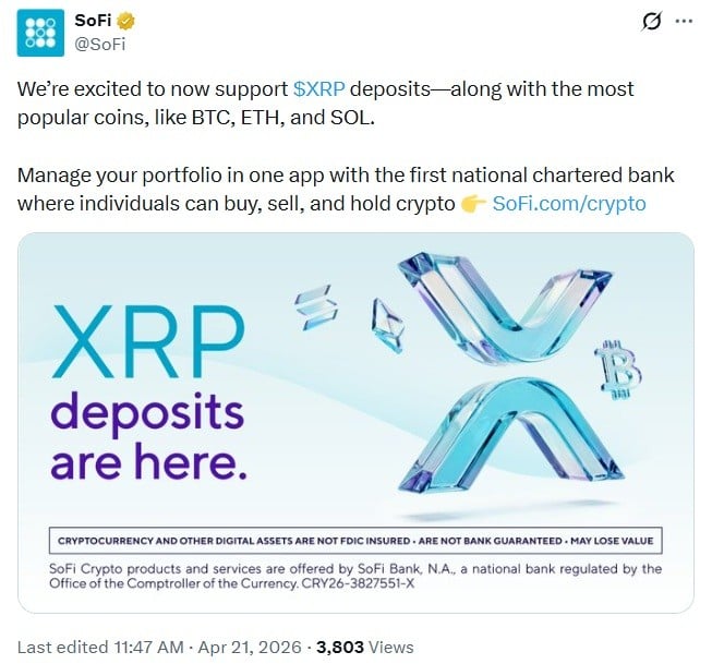 SoFi Adds XRP Deposits: Ripple Says Broader Access Brings More Participation and Utility