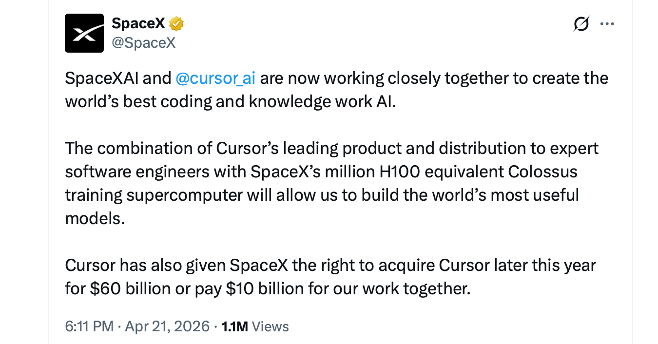 SpaceX and Cursor AI Team up to Build Coding AI, With Option to Buy Startup for $60 Billion SpaceX and Cursor AI Team up to Build Coding AI, With Option to Buy Startup for $60 Billion