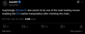 ZachXBT Flags Kraken as Key Venue in M Token Manipulation, Cites $6B Cap Against $66M in App Volume