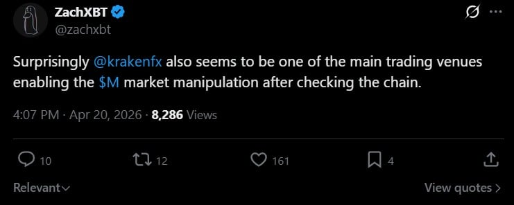 ZachXBT Flags Kraken as Key Venue in M Token Manipulation, Cites $6B Cap Against $66M in App Volume