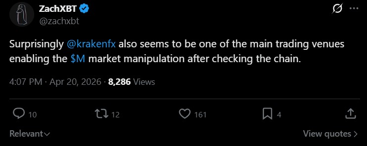 ZachXBT Flags Kraken as Key Venue in M Token Manipulation, Cites $6B Cap Against $66M in App Volume