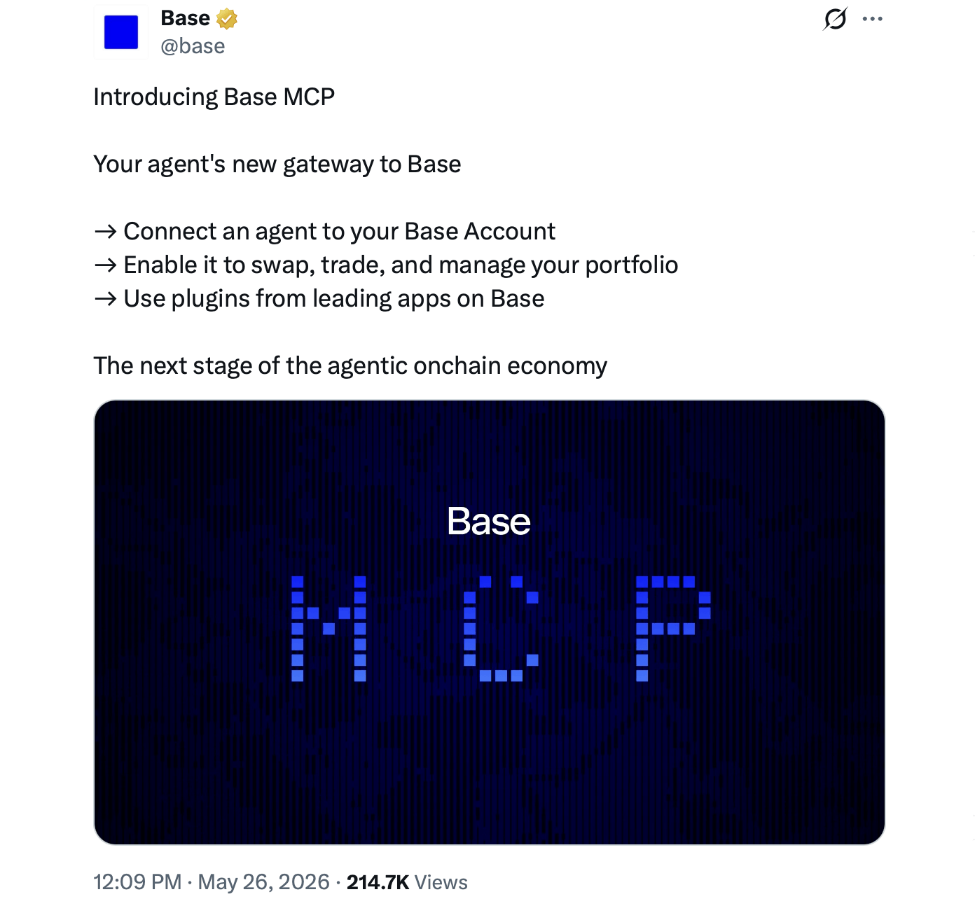 Base post about the MCP launch on X on May 26, 2026. 