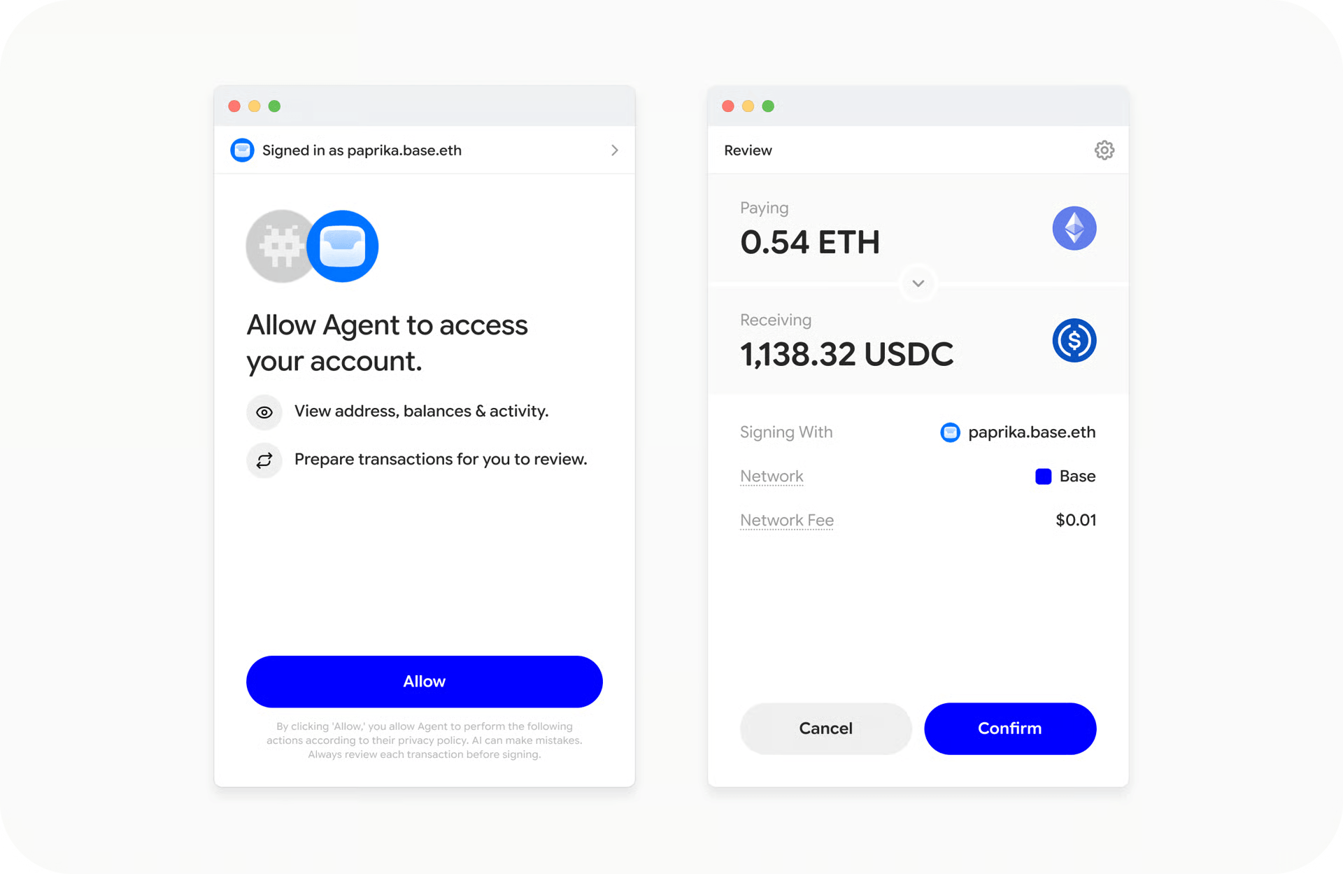 Base agent execution screenshot of an ETH and USDC trade.