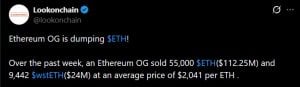 Tweet describing an OG Ethereum Whale's cashout