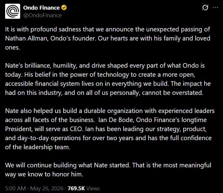 Ondo Finance Confirms Founder Nathan Allman’s Death, Appoints Ian De Bode as CEO