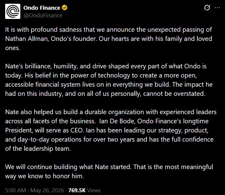 Ondo Finance Confirms Founder Nathan Allman’s Death, Appoints Ian De Bode as CEO Ondo Finance Confirms Founder Nathan Allman’s Death, Appoints Ian De Bode as CEO