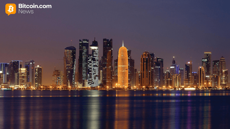 Vibrant night skyline of Doha, Qatar reflecting on the water, showcasing illuminated skyscrapers.