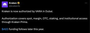 Kraken tweet announcing VARA approval.