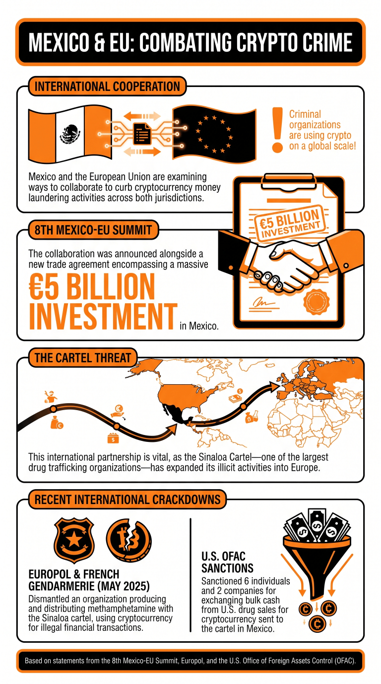 Infographic explaining Mexico's and EU's Deal To Tackle Crypto Money Laundering